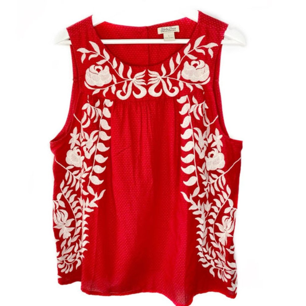 Lucky Brand Red White Rose Embroidered Tank Top L